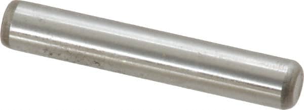 Made in USA - 1/4" Diam x 1-1/2" Pin Length Grade 8 Alloy Steel Standard Dowel Pin - Bright Finish, C 47-58 & C 60 (Surface) Hardness, 14,720 Lb (Double Shear), 7,360 Lb (Single Shear) Breaking Strength, 1 Beveled & 1 Rounded End - Exact Tooling