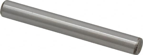Made in USA - 1/4" Diam x 2" Pin Length Grade 8 Alloy Steel Standard Dowel Pin - Bright Finish, C 47-58 & C 60 (Surface) Hardness, 14,720 Lb (Double Shear), 7,360 Lb (Single Shear) Breaking Strength, 1 Beveled & 1 Rounded End - Exact Tooling