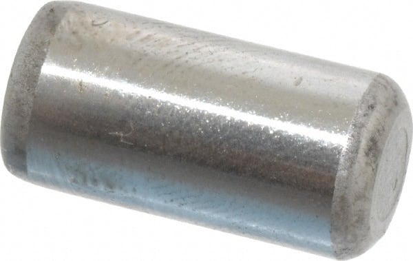 Made in USA - 5/16" Diam x 5/8" Pin Length Grade 8 Alloy Steel Standard Dowel Pin - Bright Finish, C 47-58 & C 60 (Surface) Hardness, 11,500 Lb (Single Shear), 23,000 Lb (Double Shear) Breaking Strength, 1 Beveled & 1 Rounded End - Exact Tooling