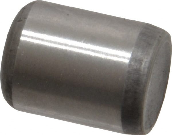 Made in USA - 3/8" Diam x 1/2" Pin Length Grade 8 Alloy Steel Standard Dowel Pin - Bright Finish, C 47-58 & C 60 (Surface) Hardness, 16,550 Lb (Single Shear), 33,100 Lb (Double Shear) Breaking Strength, 1 Beveled & 1 Rounded End - Exact Tooling