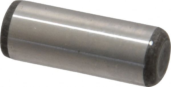 Made in USA - 3/8" Diam x 1" Pin Length Grade 8 Alloy Steel Standard Dowel Pin - Bright Finish, C 47-58 & C 60 (Surface) Hardness, 16,550 Lb (Single Shear), 33,100 Lb (Double Shear) Breaking Strength, 1 Beveled & 1 Rounded End - Exact Tooling