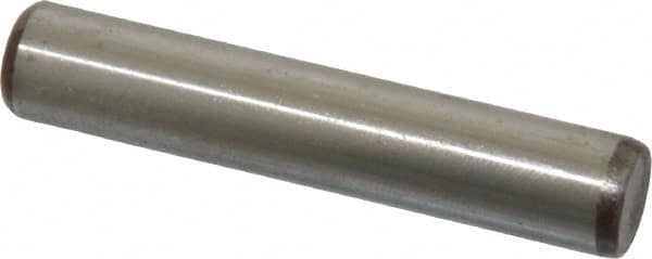 Made in USA - 3/8" Diam x 2" Pin Length Grade 8 Alloy Steel Standard Dowel Pin - Bright Finish, C 47-58 & C 60 (Surface) Hardness, 16,550 Lb (Single Shear), 33,100 Lb (Double Shear) Breaking Strength, 1 Beveled & 1 Rounded End - Exact Tooling