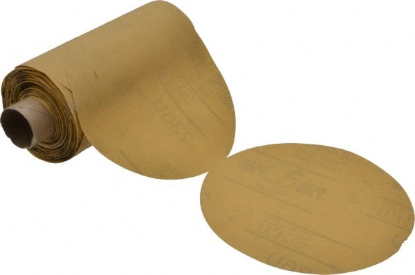 3M - 5" Diam, 500 Grit Aluminum Oxide Adhesive PSA Disc - Extra Fine Grade, Yellow, C Weighted Backing, Flexible, Use with Random Orbital Sanders - Exact Tooling