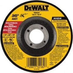 DeWALT - 60 Grit, 4-1/2" Wheel Diam, 7/8" Arbor Hole, Type 27 Depressed Center Wheel - Aluminum Oxide, Resinoid Bond, 13,300 Max RPM - Exact Tooling