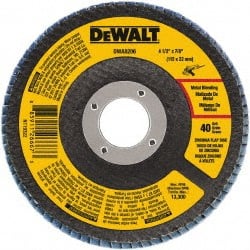 DeWALT - 40 Grit, 4-1/2" Disc Diam, 7/8" Center Hole, Type 29 Zirconia Alumina Flap Disc - 13,300 Max RPM, Poly Cotton Backing, Arbor Attaching System, Coated - Exact Tooling