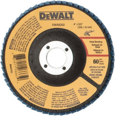 DeWALT - 60 Grit, 4" Disc Diam, 5/8" Center Hole, Type 29 Zirconia Alumina Flap Disc - 15,200 Max RPM, Poly Cotton Backing, Arbor Attaching System, Coated - Exact Tooling