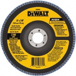 DeWALT - 60 Grit, 6" Disc Diam, 7/8" Center Hole, Type 29 Zirconia Alumina Flap Disc - 10,100 Max RPM, Poly Cotton Backing, Arbor Attaching System, Coated - Exact Tooling
