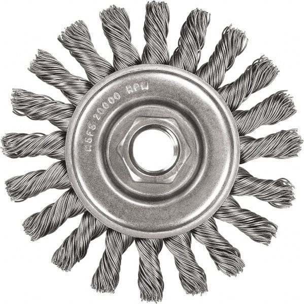 DeWALT - 5" OD, 5/8-11 Arbor Hole, Knotted Stainless Steel Wheel Brush - 3/8" Face Width, 7/8" Trim Length, 0.02" Filament Diam, 12,000 RPM - Exact Tooling