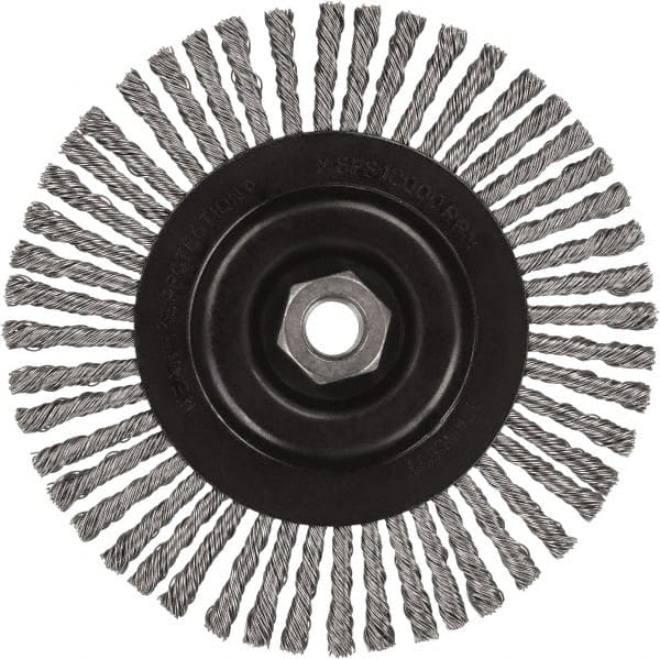 DeWALT - 5" OD, 5/8-11 Arbor Hole, Stringer Bead Stainless Steel Wheel Brush - 3/8" Face Width, 7/8" Trim Length, 0.02" Filament Diam, 12,000 RPM - Exact Tooling