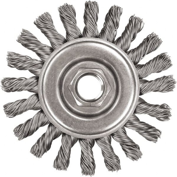 DeWALT - 4" OD, 5/8-11 Arbor Hole, Knotted Steel Wheel Brush - 3/8" Face Width, 7/8" Trim Length, 0.02" Filament Diam, 20,000 RPM - Exact Tooling