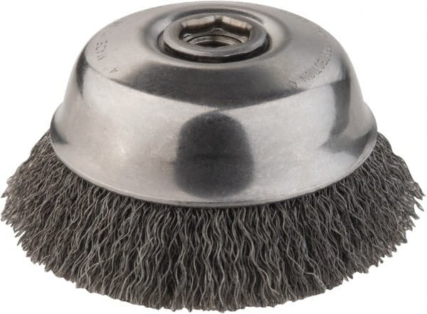 DeWALT - 4" Diam, 5/8-11 Threaded Arbor, Steel Fill Cup Brush - 0.014 Wire Diam, 1-1/8" Trim Length, 9,000 Max RPM - Exact Tooling