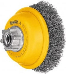 DeWALT - 6" Diam, 5/8-11 Threaded Arbor, Steel Fill Cup Brush - 0.014 Wire Diam, 1-3/8" Trim Length, 6,600 Max RPM - Exact Tooling