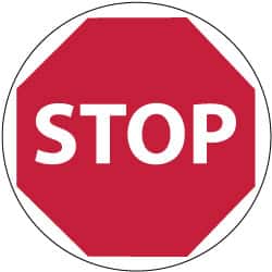 NMC - Stop, Anti-Skid Pressure-Sensitive Vinyl Floor Sign - Round, White on Red, Adhesive Backed, For Accident Prevention - Exact Tooling