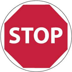 NMC - Stop, Anti-Skid Pressure-Sensitive Vinyl Floor Sign - Round, White on Red, Adhesive Backed, For Accident Prevention - Exact Tooling