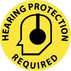 NMC - Hearing Protection Required, Anti-Skid Pressure-Sensitive Vinyl Floor Sign - Round, Black on Yellow, Adhesive Backed, For Accident Prevention - Exact Tooling
