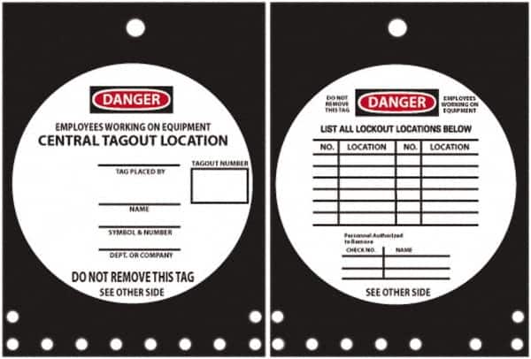 NMC - 10" High x 14" Long, DANGER - EMPLOYEES WORKING ON EQUIPMENT CENTRAL TAGOUT LOCATION, English Safety & Facility Lockout Tag - Tag Header: Danger, 2 Sides, Black, Red & White Rigid Plastic - Exact Tooling