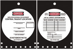 NMC - 10" High x 14" Long, DANGER - EMPLOYEES WORKING ON EQUIPMENT CENTRAL TAGOUT LOCATION, English Safety & Facility Lockout Tag - Tag Header: Danger, 2 Sides, Black, Red & White Rigid Plastic - Exact Tooling