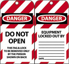 NMC - 3" High x 6" Long, DANGER - DO NOT OPEN - THIS TAG & LOCK TO BE REMOVED ONLY BY THE PERSON SHOWN ON BACK, English Safety & Facility Lockout Tag - Tag Header: Danger, 2 Sides, Black, Red & White Unrippable Vinyl - Exact Tooling