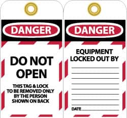 NMC - 3" High x 6" Long, DANGER - DO NOT OPEN - THIS TAG & LOCK TO BE REMOVED ONLY BY THE PERSON SHOWN ON BACK, English Safety & Facility Lockout Tag - Tag Header: Danger, 2 Sides, Black, Red & White Unrippable Vinyl - Exact Tooling