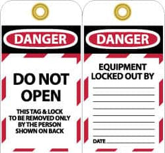NMC - 3" High x 6" Long, DANGER - DO NOT OPEN - THIS TAG & LOCK TO BE REMOVED ONLY BY THE PERSON SHOWN ON BACK, English Safety & Facility Lockout Tag - Tag Header: Danger, 2 Sides, Black, Red & White Unrippable Vinyl - Exact Tooling