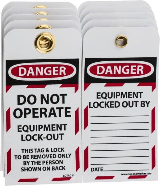 NMC - 3" High x 6" Long, DANGER - DO NOT OPERATE - EQUIPMENT LOCK-OUT - THIS TAG & LOCK TO BE REMOVED ONLY BY THE PERSON SHOWN ON BACK, English Safety & Facility Lockout Tag - Tag Header: Danger, 2 Sides, Black, Red & White Unrippable Vinyl - Exact Tooling