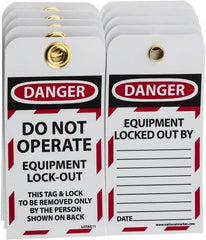 NMC - 3" High x 6" Long, DANGER - DO NOT OPERATE - EQUIPMENT LOCK-OUT - THIS TAG & LOCK TO BE REMOVED ONLY BY THE PERSON SHOWN ON BACK, English Safety & Facility Lockout Tag - Tag Header: Danger, 2 Sides, Black, Red & White Unrippable Vinyl - Exact Tooling