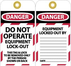 NMC - 3" High x 6" Long, DANGER - DO NOT OPERATE - EQUIPMENT LOCK-OUT - THIS TAG & LOCK TO BE REMOVED ONLY BY THE PERSON SHOWN ON BACK, English Safety & Facility Lockout Tag - Tag Header: Danger, 2 Sides, Black, Red & White Unrippable Vinyl - Exact Tooling