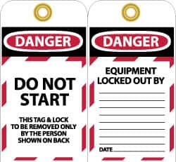 NMC - 3" High x 6" Long, DANGER - DO NOT START - THIS TAG & LOCK TO BE REMOVED ONLY BY THE PERSON SHOWN ON BACK, English Safety & Facility Lockout Tag - Tag Header: Danger, 2 Sides, Black, Red & White Unrippable Vinyl - Exact Tooling
