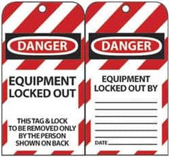 NMC - 3" High x 6" Long, DANGER - EQUIPMENT LOCKED OUT - THIS TAG & LOCK TO BE REMOVED ONLY BY THE PERSON SHOWN ON BACK, English Safety & Facility Lockout Tag - Tag Header: Danger, 2 Sides, Black, Red & White Unrippable Vinyl - Exact Tooling
