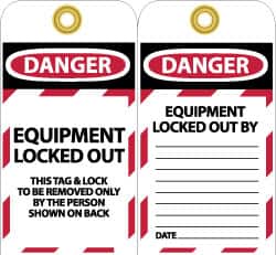 NMC - 3" High x 6" Long, DANGER - EQUIPMENT LOCKED OUT - THIS TAG & LOCK TO BE REMOVED ONLY BY THE PERSON SHOWN ON BACK, English Safety & Facility Lockout Tag - Tag Header: Danger, 2 Sides, Black, Red & White Unrippable Vinyl - Exact Tooling