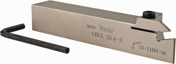 Iscar - External Thread, 0.118" Min Groove Width, 6" OAL, Left Hand Indexable Grooving Cutoff Toolholder - 0.096 Seat Size, 1" Shank Height x 1" Shank Width, GI../TIP Insert Style, GHG Toolholder Style, Series Cut Grip - Exact Tooling