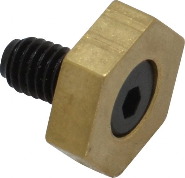 Mitee-Bite - 1/2" Brass Hex, 10-32 Stud Thread, Symmetrical Hex Clamp - 0.16" Hex Height, 350 Lb Holding Force, Hardened Steel Stud, 11/32" Long Thread, 2.5 Ft/Lb Torque, 10 Clamps - Exact Tooling