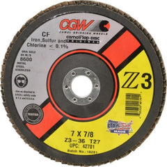 Camel Grinding Wheels - 36 Grit, 7" Disc Diam, 7/8" Center Hole, Type 27 Zirconia Alumina Flap Disc - 8,600 Max RPM, Poly Cotton Backing, Arbor Attaching System, Coated - Exact Tooling