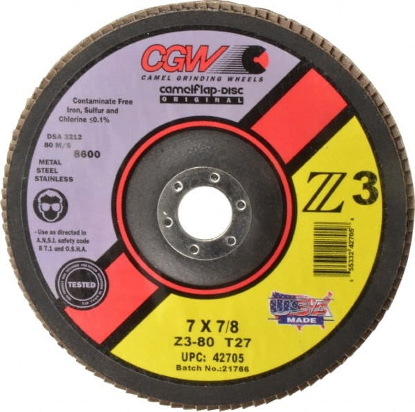 Camel Grinding Wheels - 80 Grit, 7" Disc Diam, 7/8" Center Hole, Type 27 Zirconia Alumina Flap Disc - 8,600 Max RPM, Poly Cotton Backing, Arbor Attaching System, Coated - Exact Tooling