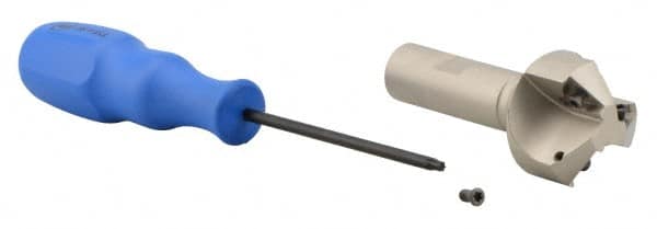 Iscar - 30° Lead Angle, 1.61" Max Cut Diam, 5/8" Min Cut Diam, 0.27" Max Depth of Cut, Indexable Chamfer and Angle End Mill - 3 Inserts, TPMT Insert Style, 3.54" Overall Length, Straight Shank - Exact Tooling