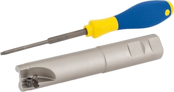 Iscar - 1" Cut Diam, 0.56" Max Depth of Cut, 1" Shank Diam, 5.6" OAL, Indexable Square Shoulder End Mill - AD..1505.., HM90 AD..1505 Inserts, Weldon Shank, 90° Lead Angle, Series Heli2000 - Exact Tooling