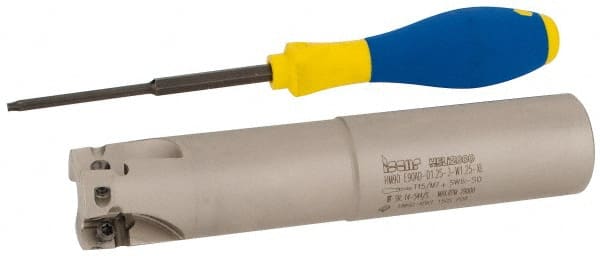 Iscar - 1-1/4" Cut Diam, 0.56" Max Depth of Cut, 1-1/4" Shank Diam, 6-1/4" OAL, Indexable Square Shoulder End Mill - AD..1505.., HM90 AD..1505 Inserts, Weldon Shank, 90° Lead Angle, Series Heli2000 - Exact Tooling