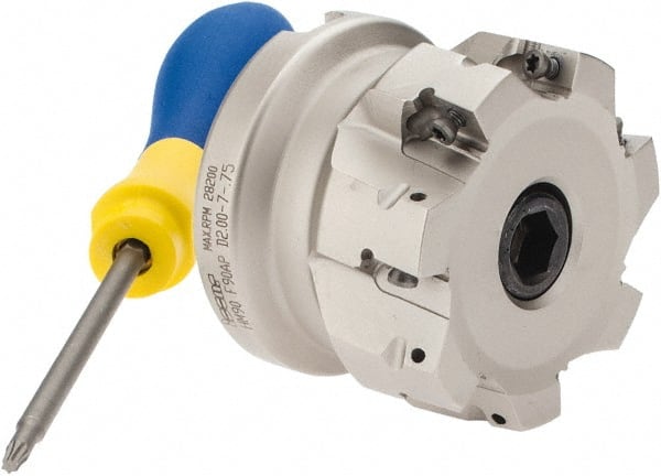 Iscar - 7 Inserts, 2" Cut Diam, 3/4" Arbor Diam, 0.39" Max Depth of Cut, Indexable Square-Shoulder Face Mill - 0/90° Lead Angle, 1.57" High, AP..1003.. & HM90 AP..1003.. Insert Compatibility, Series HM90 - Exact Tooling