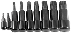 9 Piece - 4 and 5mm Bit have 5/16" Hex Drive - 6; 8; 10 and 12mm Bit have 1/2" Hex Drive - 14 and 16mm Bit have 5/8" Hex Drive - 18mm Bit has a 3/4" Hex Drive - 12 Point - Triple Square Bit Set - Exact Tooling