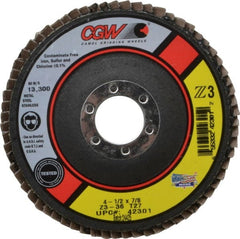 Camel Grinding Wheels - 36 Grit, 4-1/2" Disc Diam, 7/8" Center Hole, Type 27 Zirconia Alumina Flap Disc - 13,300 Max RPM, Poly Cotton Backing, Arbor Attaching System, Coated - Exact Tooling