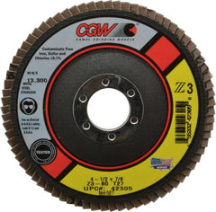 Camel Grinding Wheels - 80 Grit, 4-1/2" Disc Diam, 7/8" Center Hole, Type 27 Zirconia Alumina Flap Disc - 13,300 Max RPM, Poly Cotton Backing, Arbor Attaching System, Coated - Exact Tooling