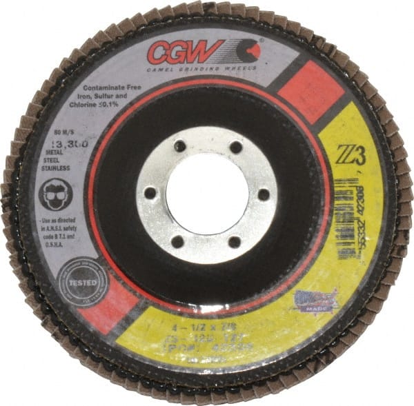 Camel Grinding Wheels - 120 Grit, 4-1/2" Disc Diam, 7/8" Center Hole, Type 27 Zirconia Alumina Flap Disc - 13,300 Max RPM, Poly Cotton Backing, Arbor Attaching System, Coated - Exact Tooling