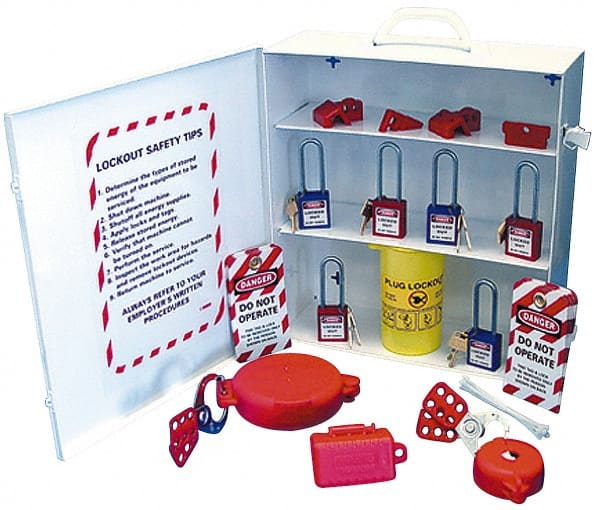 NMC - 18 Piece, Equipped Steel Lockout Cabinet - 15 Inch Wide x 16 Inch High x 5-1/2 Inch Deep, White, Covered - Exact Tooling