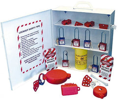 NMC - 18 Piece, Equipped Steel Lockout Cabinet - 15 Inch Wide x 16 Inch High x 5-1/2 Inch Deep, White, Covered - Exact Tooling