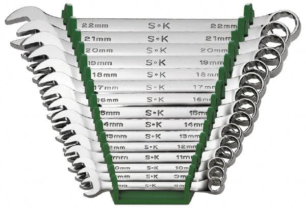 SK - 15 Piece, 8 to 22mm, Combination Wrench Set - Metric System of Measurement, Chrome Finish, Comes in Rack - Exact Tooling