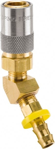 Parker - Nonthreaded Brass Hydraulic Hose Push-Lok Hose Barb Coupler & 45° Fitting - 200 psi, 6 GPM, 1/2" Hose Diam, Series Moldmate - Exact Tooling