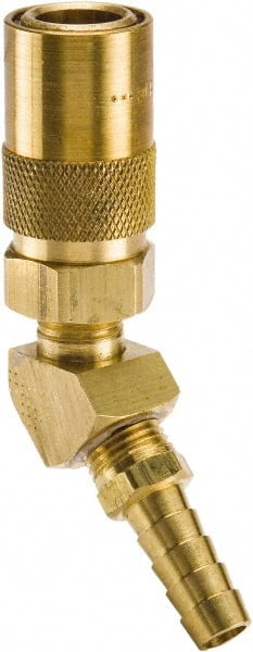 Parker - Nonthreaded Brass Hydraulic Hose Hose Barb Coupler & 45° Fitting - 200 psi, 3 GPM, 3/8" Hose Diam, Series Moldmate - Exact Tooling