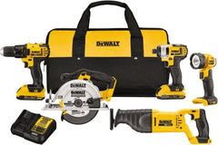 DeWALT - 20 Volt Cordless Tool Combination Kit - Includes 1/2" Compact Drill/Driver, 1/4" Impact Driver, Reciprocating Saw, 6-1/2 Circular Saw & LED Worklight, Lithium-Ion Battery Included - Exact Tooling