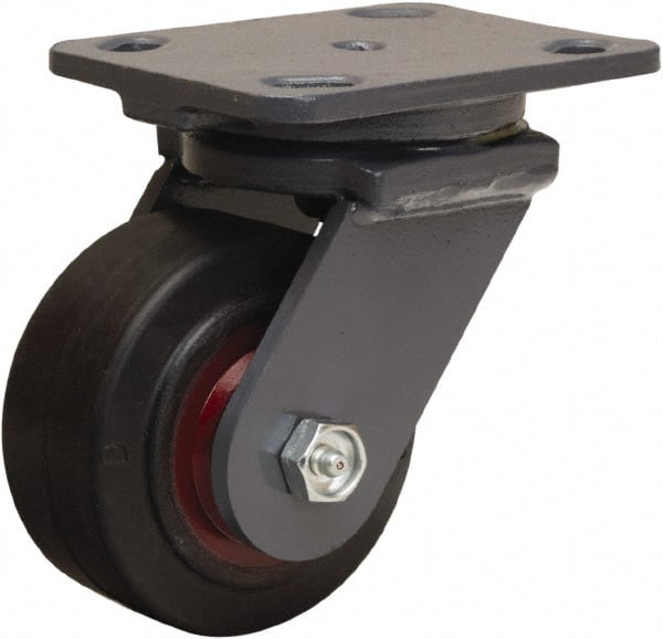 Hamilton - 4" Diam x 2" Wide x 5-5/8" OAH Top Plate Mount Swivel Caster - Rubber Mold on Cast Iron, 300 Lb Capacity, Straight Roller Bearing, 4 x 5" Plate - Exact Tooling