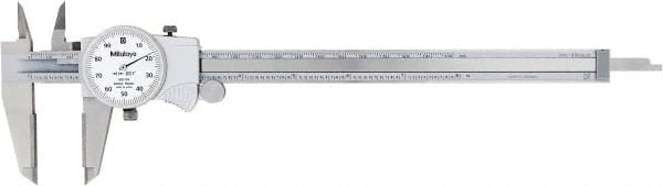 Mitutoyo - 0" to 8" Range, 0.001" Graduation, 0.1" per Revolution, Dial Caliper - White Face, 50mm Jaw Length - Exact Tooling